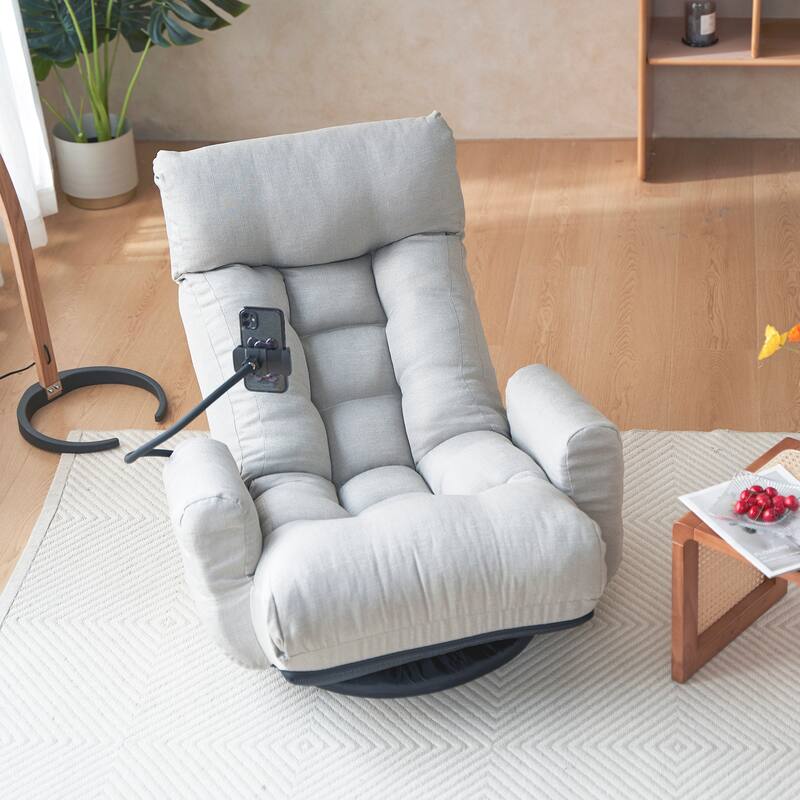 Gray Upholstered 360° Swivel Recliner with Mobile Phone Holder and Adjustable Headrest