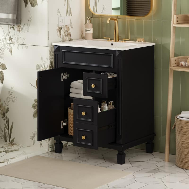 24" Bathroom Vanity with Ceramic Sink Bathroom Storage Cabinet with 2 Drawers and Adjustable Shelf