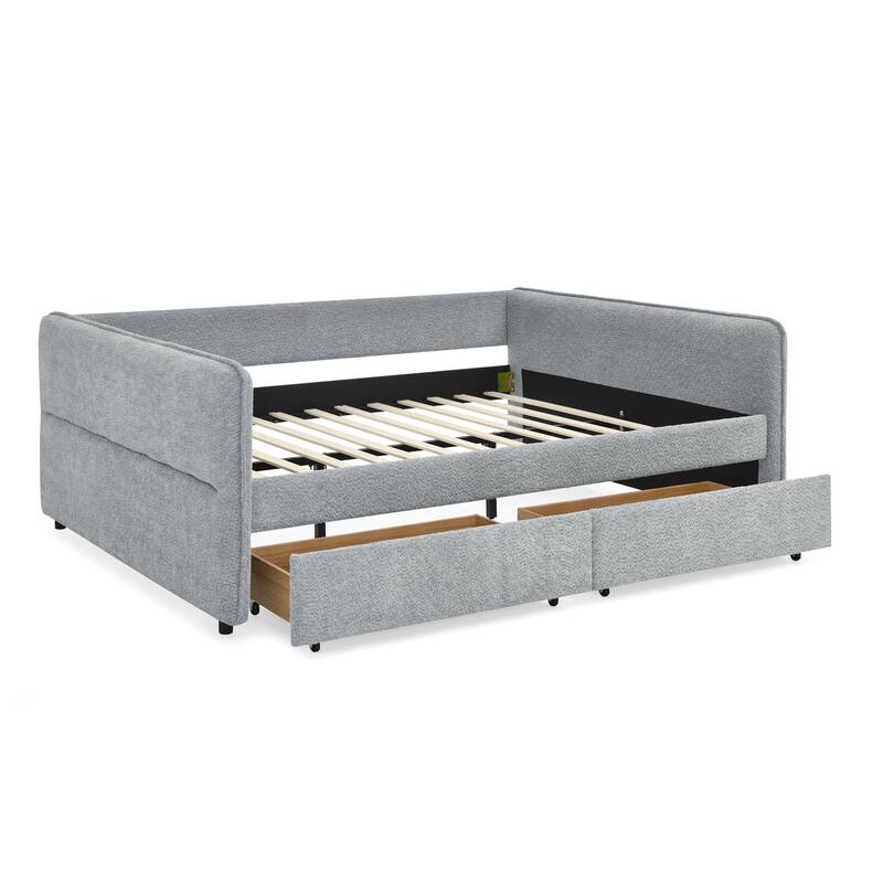 Roomfitters Queen Boucle Daybed with Trundle, Two Storage Drawers and Upholstered Sofa Bed Frame