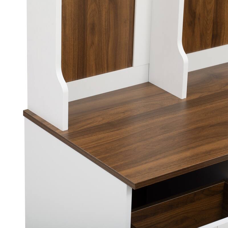 5-in-1 Entryway Bench with Coat Rack, 7 Sturdy Hooks, Adjustable Shelves, Drawers, and Metal Handles