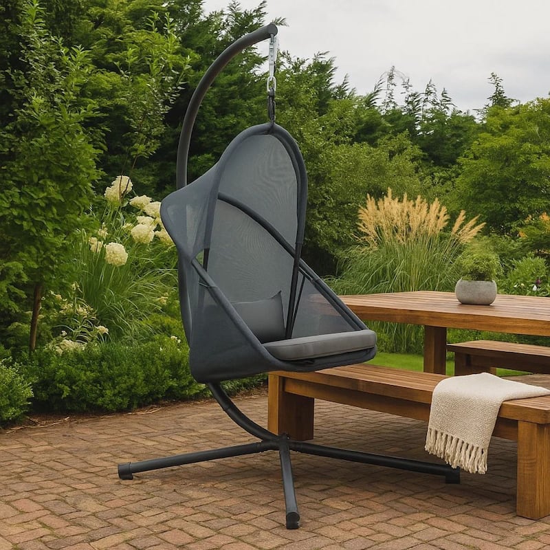 Cery Outdoor Egg Swing Chair, Foldable Stand, Dark Gray Cushion