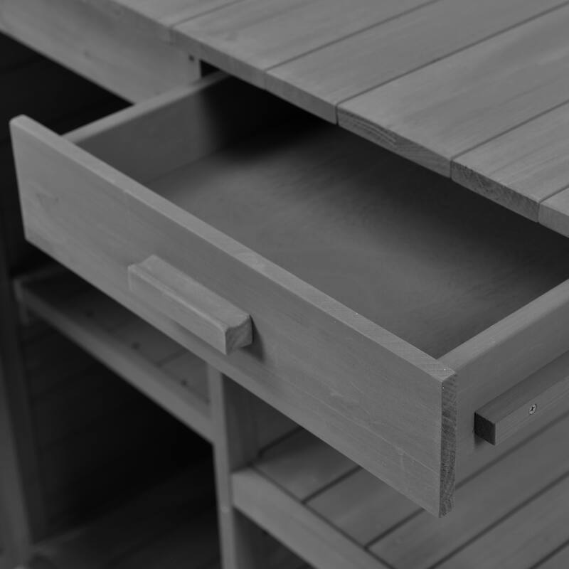 Roomfitters 66" Large Farmhouse Outdoor Potting Bench Table with 2 Drawers, Cabinet and Open Shelves, Gray