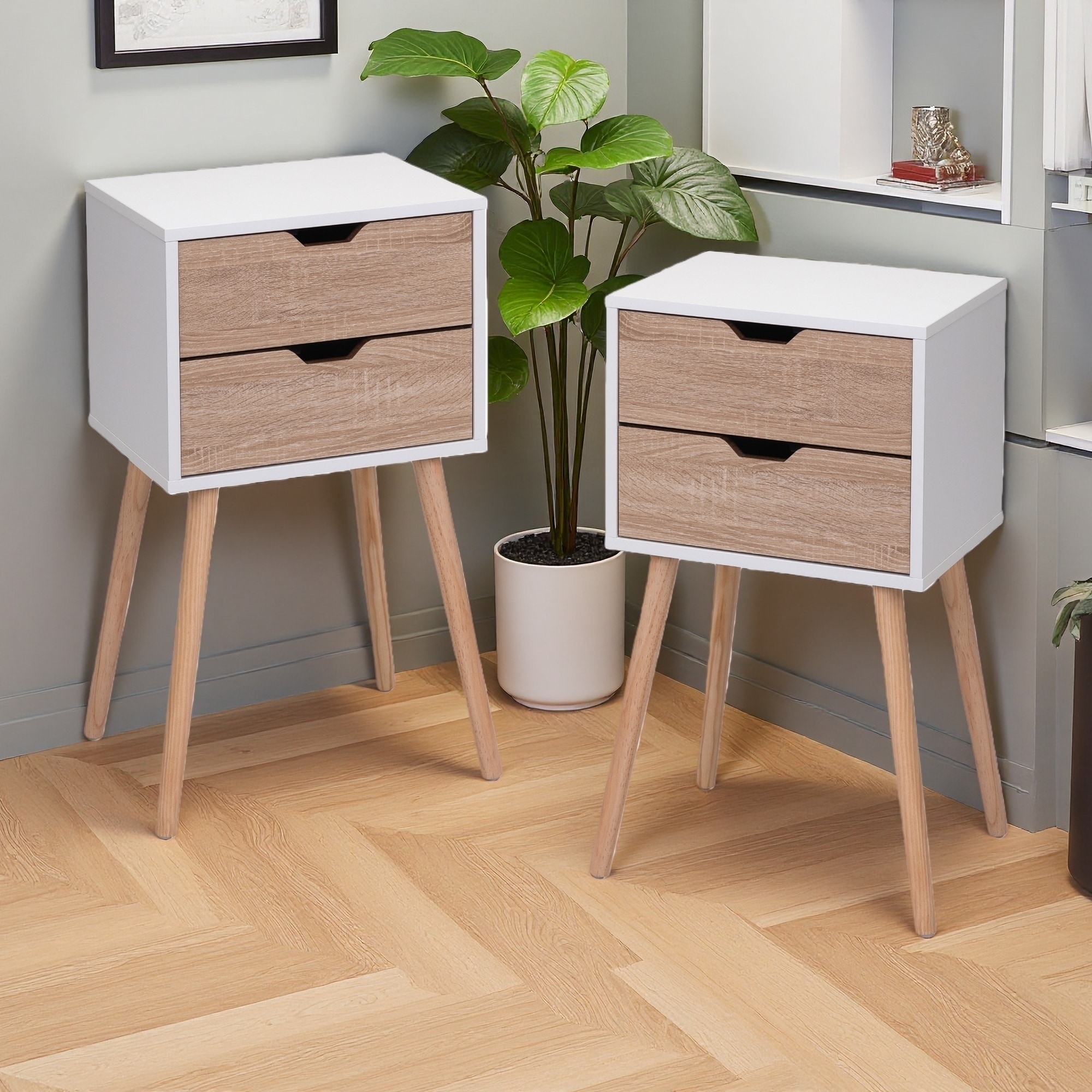 15.8"L MDF Nightstand with 2 Drawers & Solid Wood Legs, Modern Bedside Table with Storage for Bedroom & Living Room