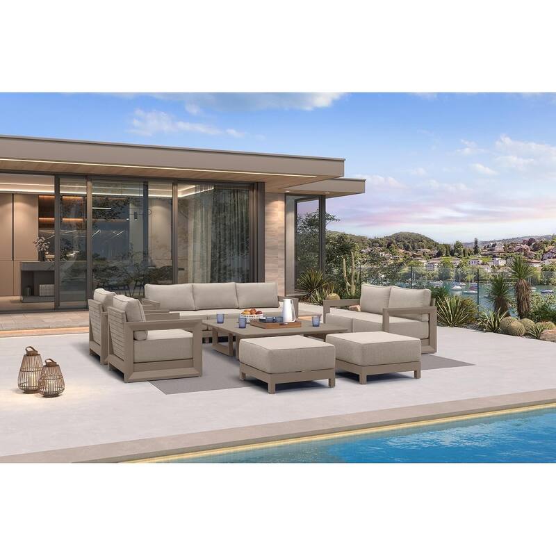 PURPLE LEAF Caesar Sectionals Sofas Khaki with 9.6" Thick Cushion and Table for Living Room Furniture Patio Conversation Sets - 7 Seats+2 Ottomans+2 Tables - Reversible