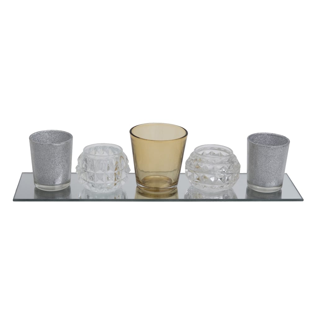 Transpac Glass 15 in. Multicolor Christmas Candle Holder Set of 5 with Tray