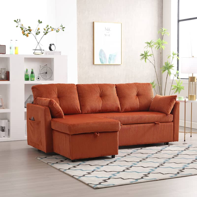 Corduroy L-Shaped Modular Sectional Sofa with Storage Chaise, Orange - Reversible - Orange