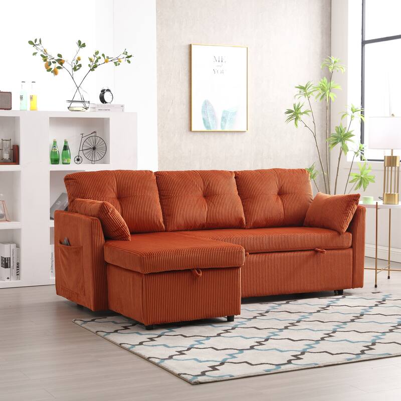 Orange 81.1'' L-Shaped 3 Seater Sectional Sofa with Reversible Chaise, Sleeper Sofa Bed, and Storage Seats - Orange