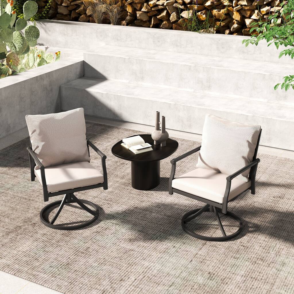 Urbanease 2-Piece Metal Patio Swivel Chairs with Beige Cushions