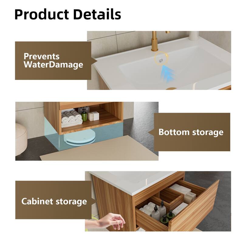 30 Inch Bathroom Vanity Cabinet With Ceramic Sink - Walnut Wall Mounted Floating Fluted Vanity With Drawers