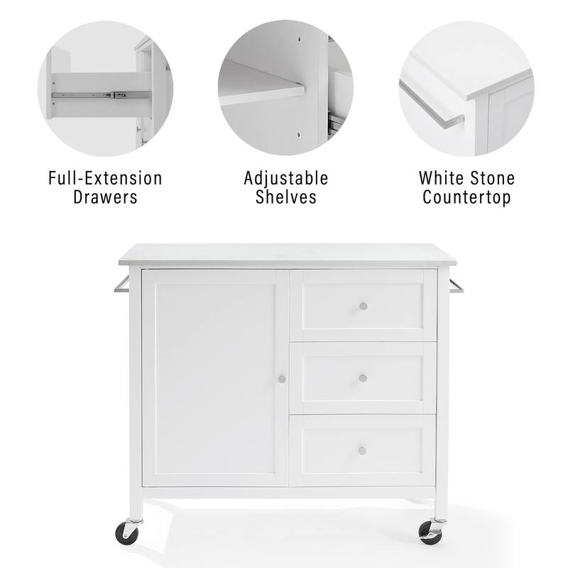 Kitchen Island Cart with Stone Top, Storage Island, Portable Kitchen Furniture, Modern Kitchen Island, White