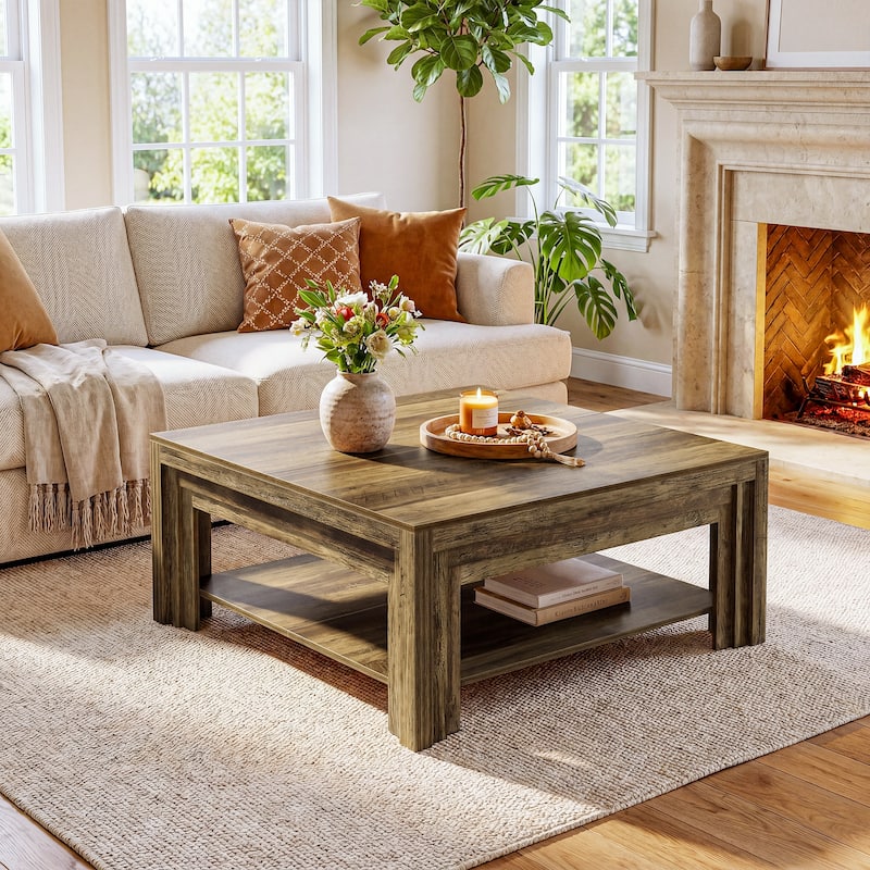 39 Inch Square Coffee Table, Rustic Farmhouse Center Tea Table