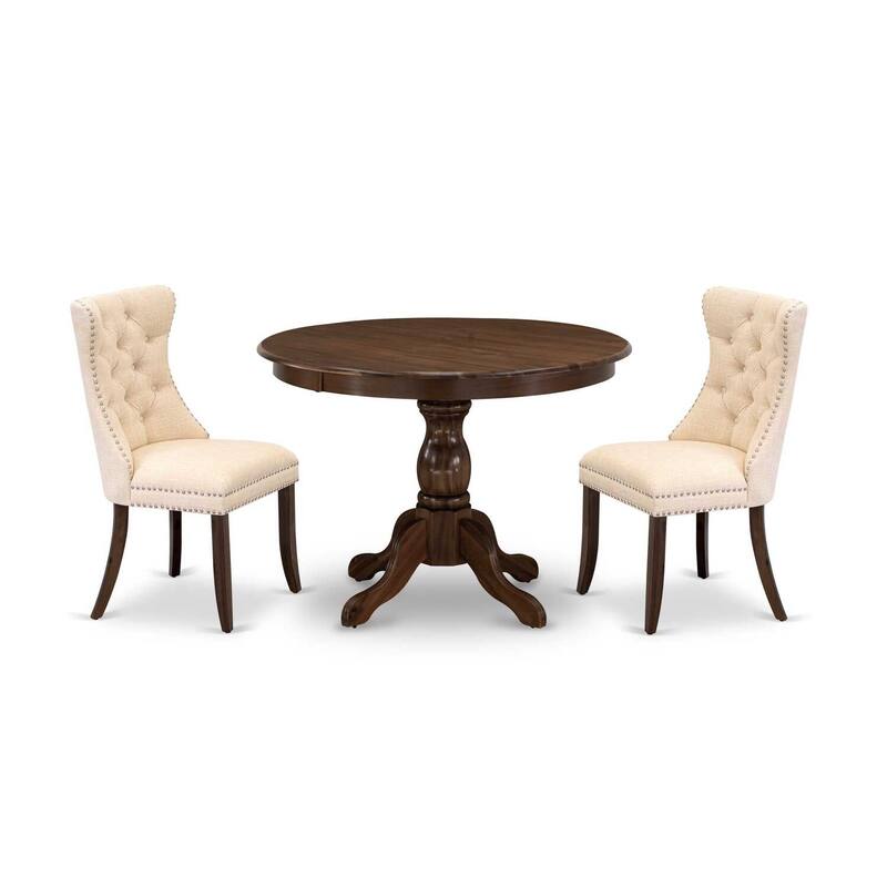 3-Piece Antique Walnut Finish Solid Wood Top-Round Dining Room Set-Seats 4