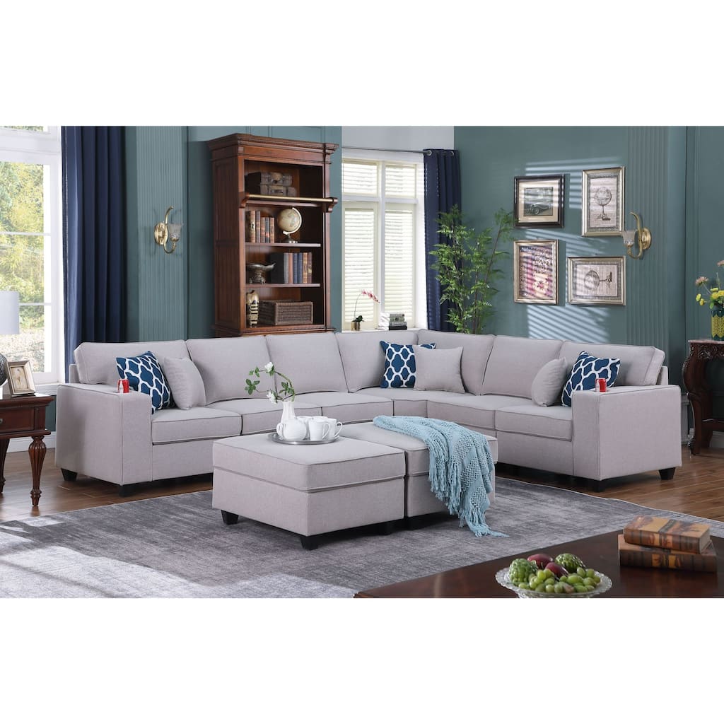 8 Piece L-Shape Sectional Sofa with 2 Ottomans in Light Gray