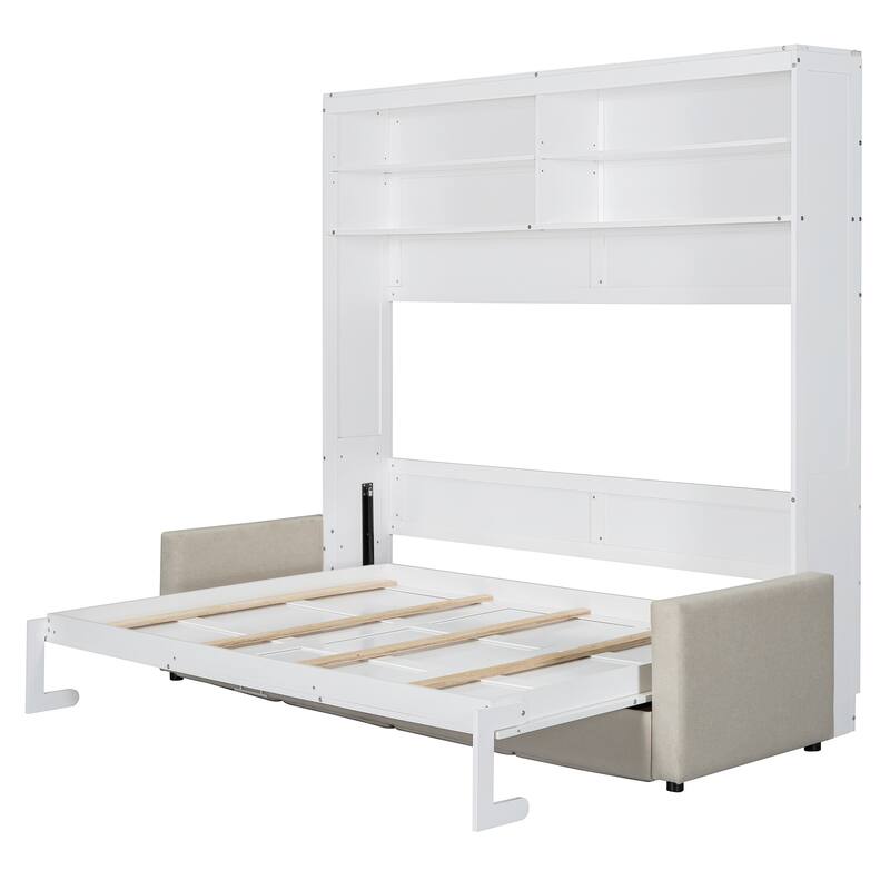 Queen Size Wall Bed with Sofa, Space-Saving Murphy Bed, White