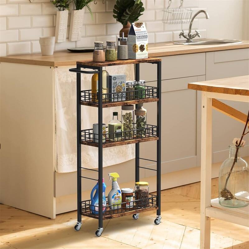 Storage Cart Rolling Kitchen Cart with Wheels Narrow Laundry Storage Utility Cart - 7.08"D x 16.53"W x 34.56"H - Brown