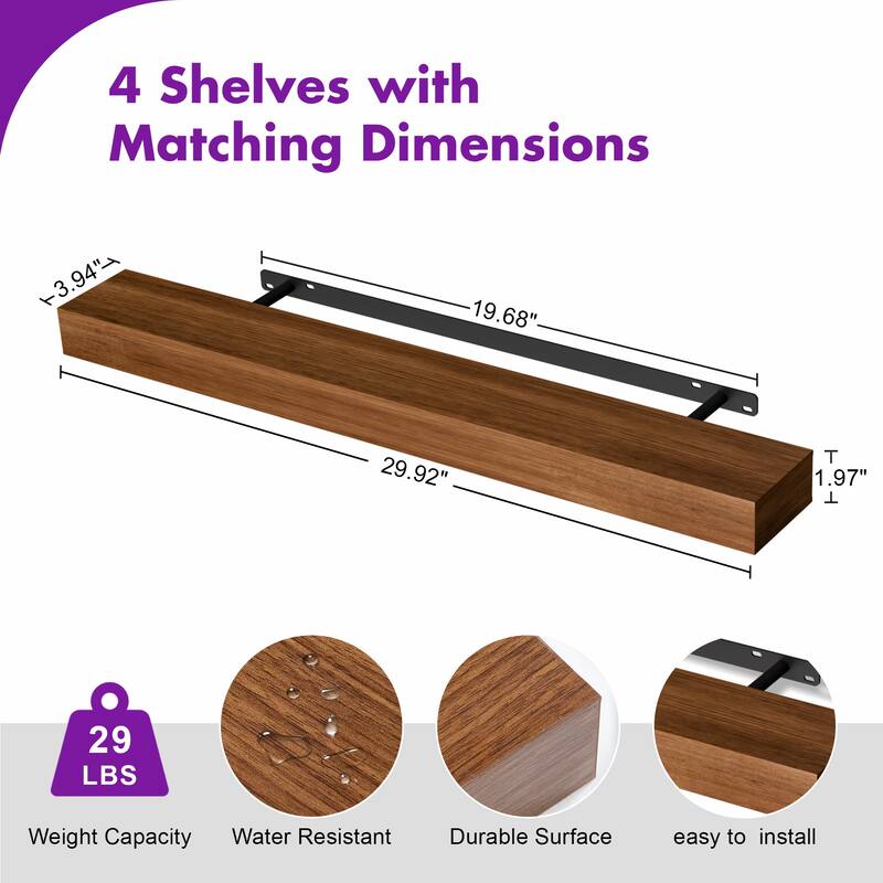 Set of 4 Wooden Floating Wall Shelves for Bathroom, Kitchen, Living Room