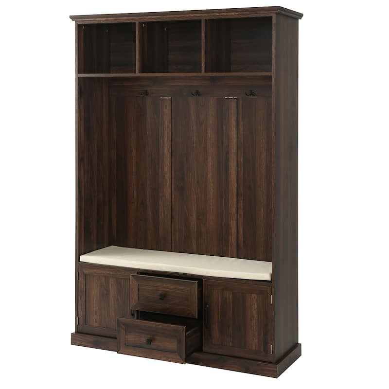47.2" Hall Tree with 3 Hooks, Open Shelves, Wood Entryway Bench with Shoe Cabinet, Mudroom Coat Rack Cabinet