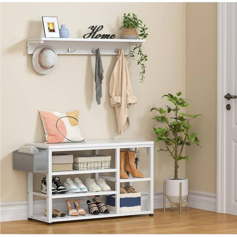 Industrial Hall Tree, 4-in-1 Entryway Coat Rack and Shoe Bench Rack Set with 5 Shoe Storage Cabinets