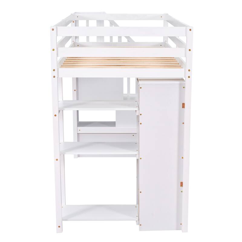 Twin Size Wooden Loft Bed with Storage Drawers, Shelves, and Stairs - White