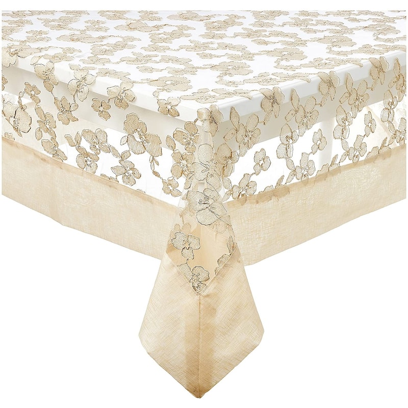 Violet Linen Ribbon Rose Mesh Lace Pattern Tablecloth - 70" X 108" - Ivory