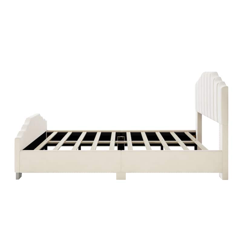 Queen Size Velvet Platform Bed with Vertical Channel Tufted Headboard and Footboard, Sturdy Wood Frame