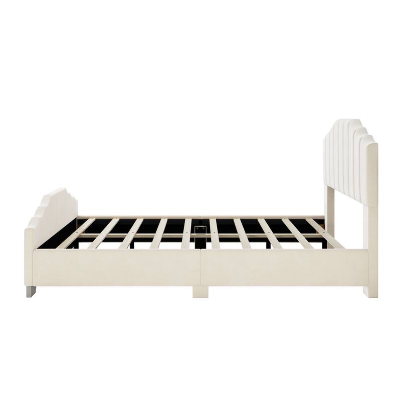 Velvet Upholstered Platform Bed Frame Vertical Channel Wingback Bed Tufted Headboard Footboard, Low Profile Panel Bed