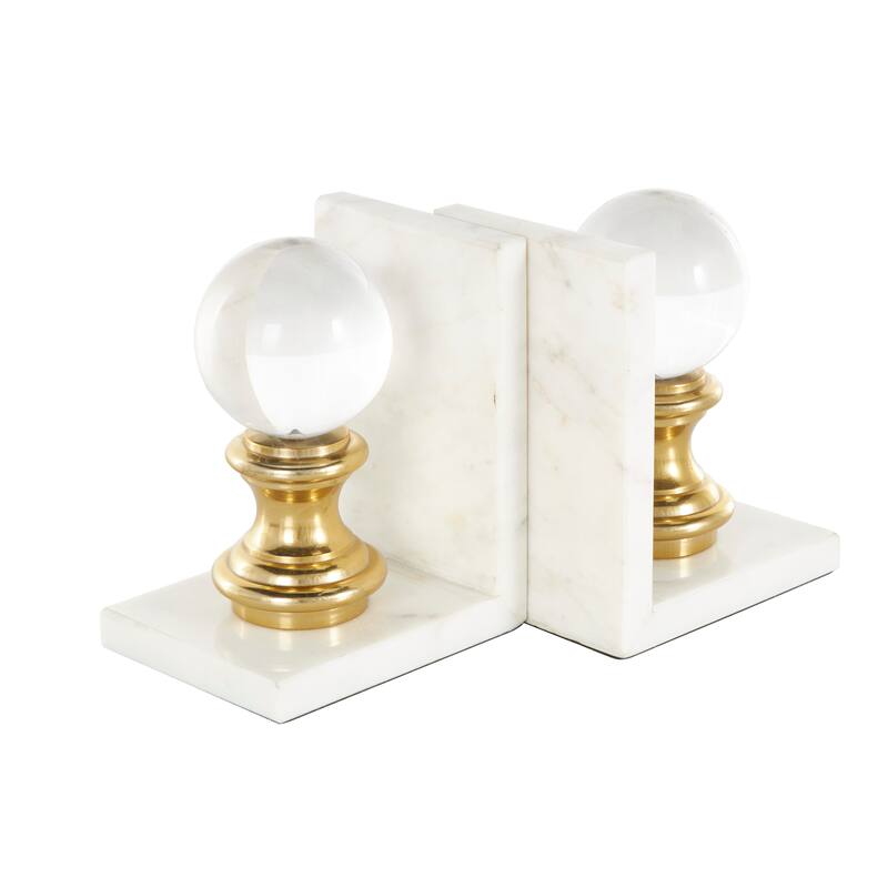 White Marble Decorative Bookends with Glass Orbs and Gold Accents (Set of 2)