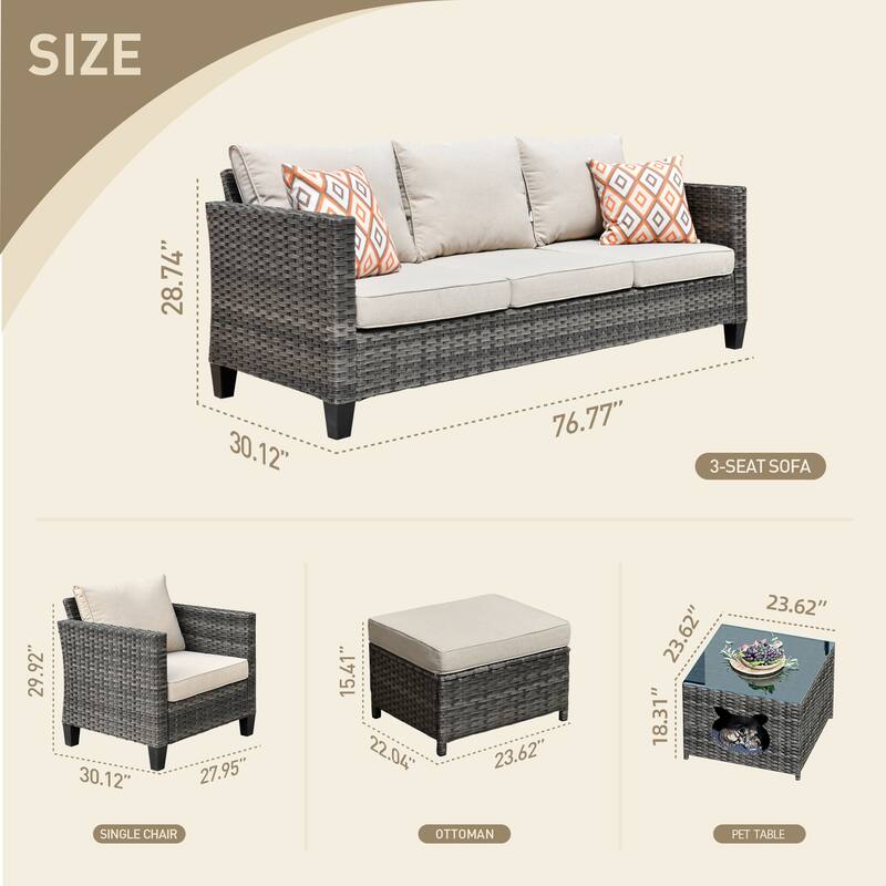 OVIOS 6-piece Patio Wicker Conversation Sectional Set With Cat Head-shaped Storage Table