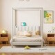 preview thumbnail 1 of 10, Canvas-upholstered Canopy Bed - Platform Wingback Bed Frame with USB, Type-C Ports Headboard, 4 Canopy Columns, 2 Sides Pocket Beige - Full
