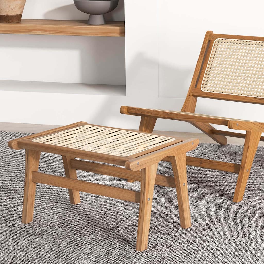 1/2 PCS Ottoman Footstool Natural Teak Wooden Foot Rest w/ Rattan