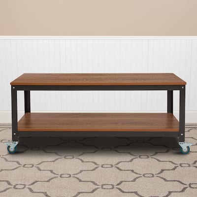 TV Stand in Brown Oak Wood Grain Finish with Metal Wheels