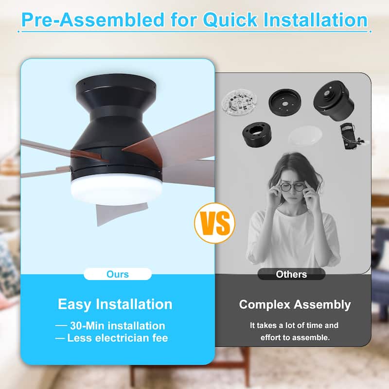 42/35 Inch Low Profile Ceiling Fan with Light: Dimmable, Remote Control, 6-Speed, 5 Blades