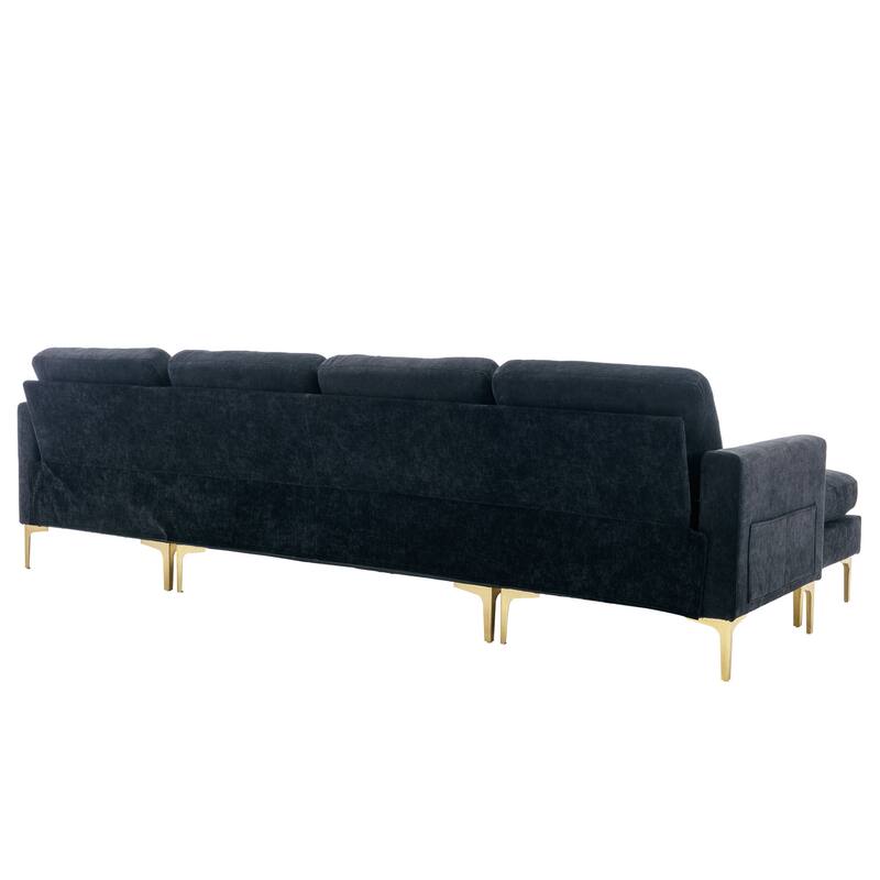 L Shaped Convertible Sectional Sofa with Ottoman, Velvet Fabric 5 Seater Sofa, Upholstered Sofa with Chaise & Storage Pockets