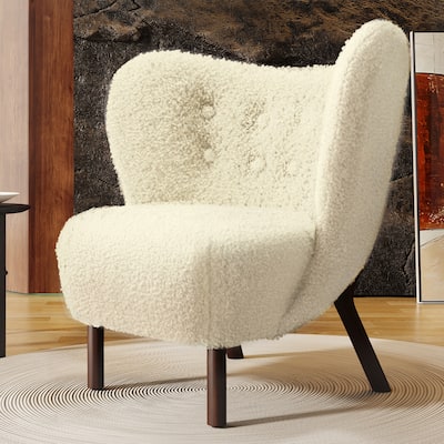 Modern Accent Chair Wingback Tufted Side Chair with Solid Wood Legs for Living Room Bedroom, Sherpa Accent Chair, Reading Chair