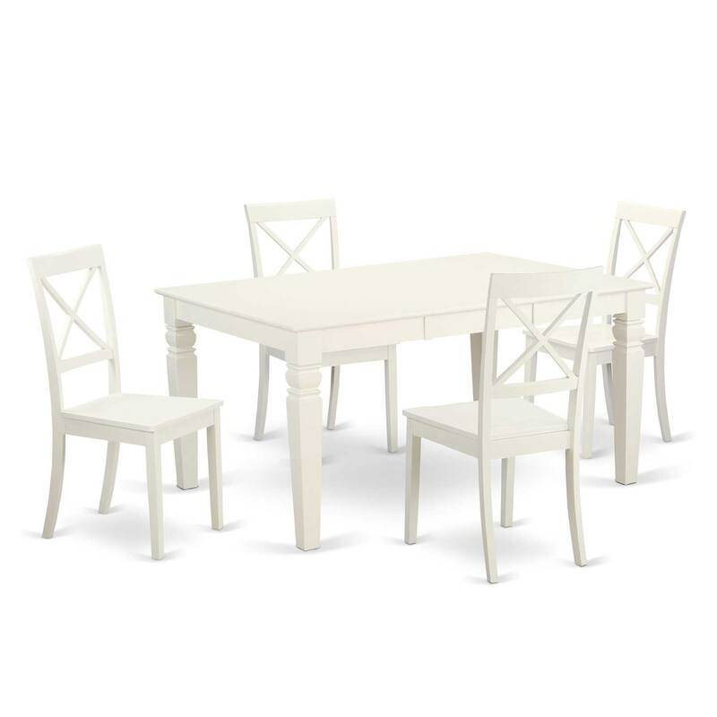 5 Piece Dinette Set - Rectangle Table with Leaf & 4 Chairs - 42x60 Inch - Linen White
