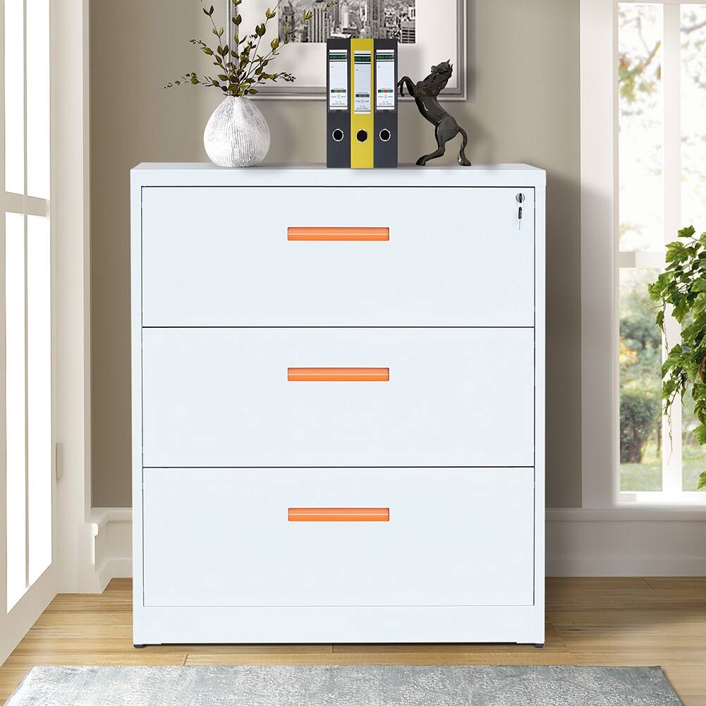 Metal Lateral File Cabinet with Lock White+Orange