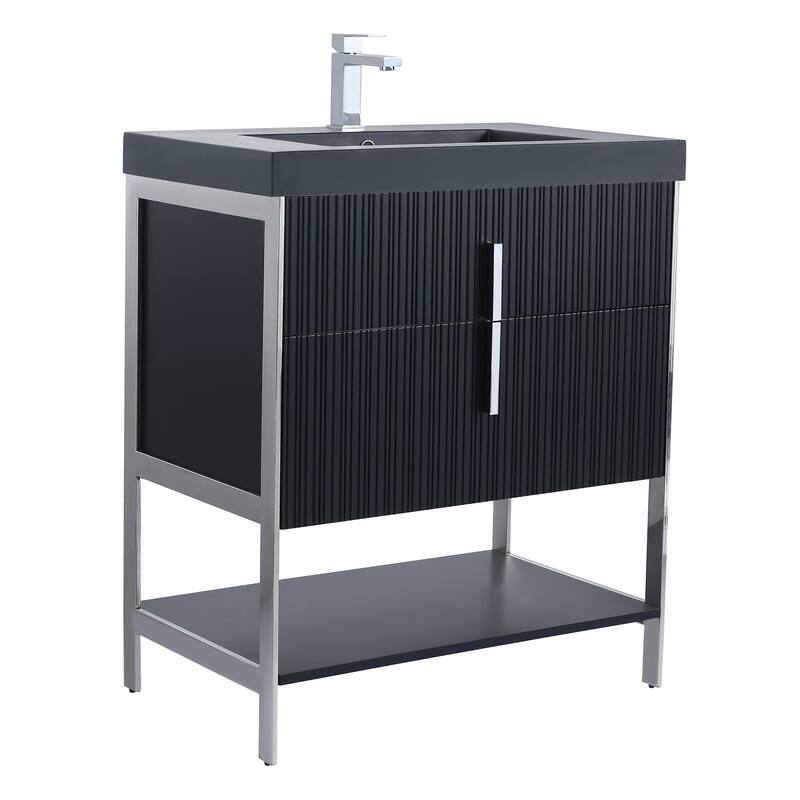 Fine Fixtures Serenity Modern Bathroom Vanity with Black Gel Acrylic Top - Black Matte - Chrome Hardware - 30 inch