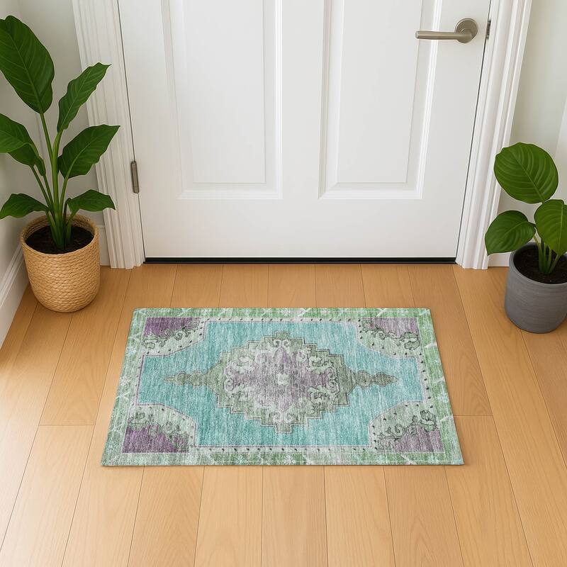 Premium Washable Super Soft Vintage Traditional Mayfield Rug - Teal - 1'8" x 2'6"