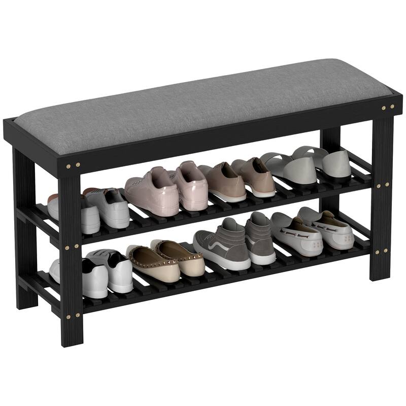 HOMCOM Bamboo Shoe Bench, 3-Tier Entryway Bench with Storage and Cushion, Shoe Organizer for Entryway, Hallway