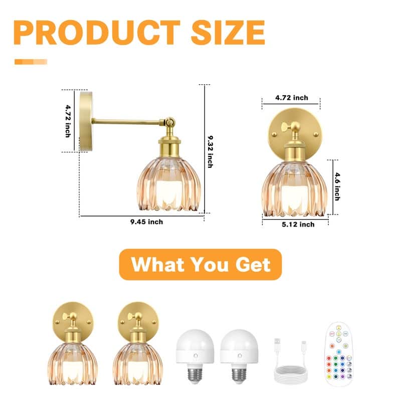 Adjustable Vintage Wall Sconce with Amber Tulip Glass Brass Fixture with Switch Ideal for Bedroom Hallway or Entry