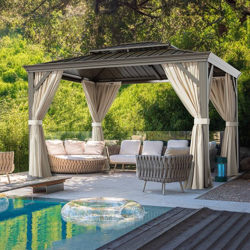 Outdoor Hardtop Double-Top 12 Ft x 10 Ft Galvanized Steel Patio Gazebo with Curtains Nettings