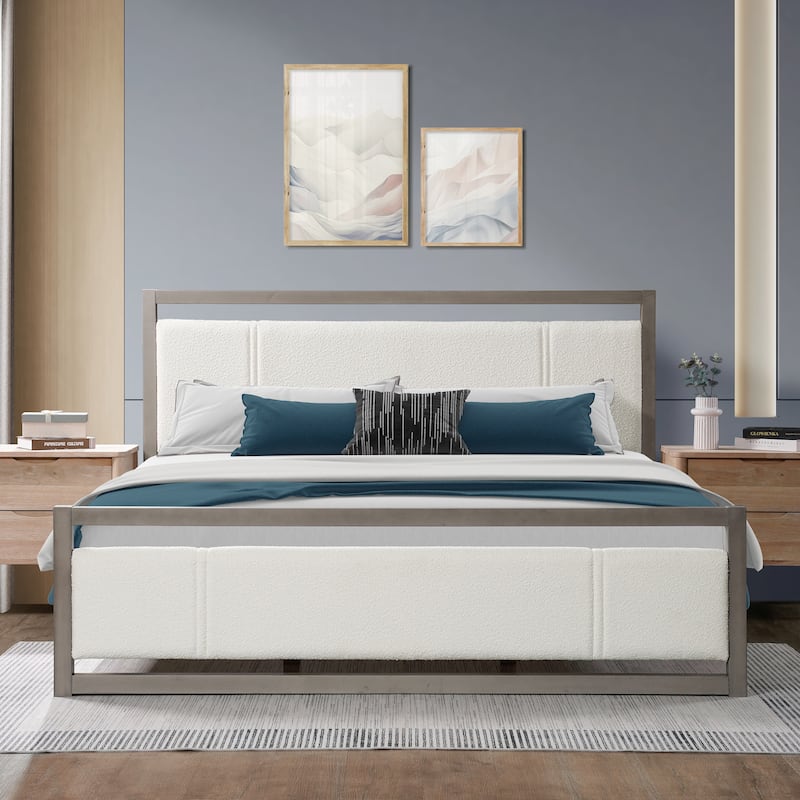 King Platform Bed with Ivory Boucle Headboard and Grey Wood Frame - Grey+Ivory