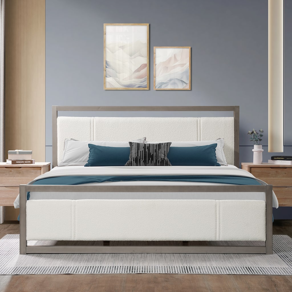 King Platform Bed with Ivory Boucle Headboard and Grey Wood Frame
