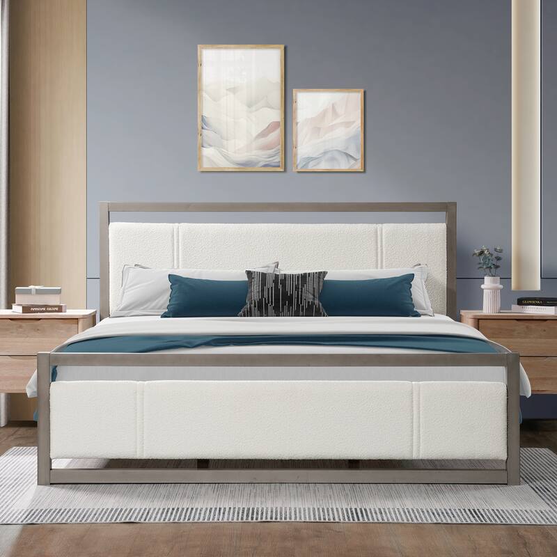 Roomfitters Wood Platform Bed Frame with Ivory Boucle Fabric Headboard and Underbed Storage, Grey and Ivory