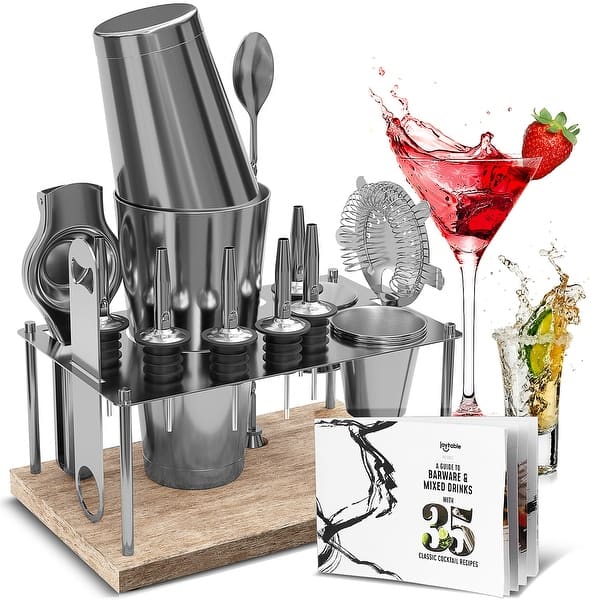 slide 2 of 50, JoyTable Bartender Kit - Cocktail Set Kit - Bartender Drink Mixer Shaker Bar Tool Set 16 Piece Set + Stand - Silver