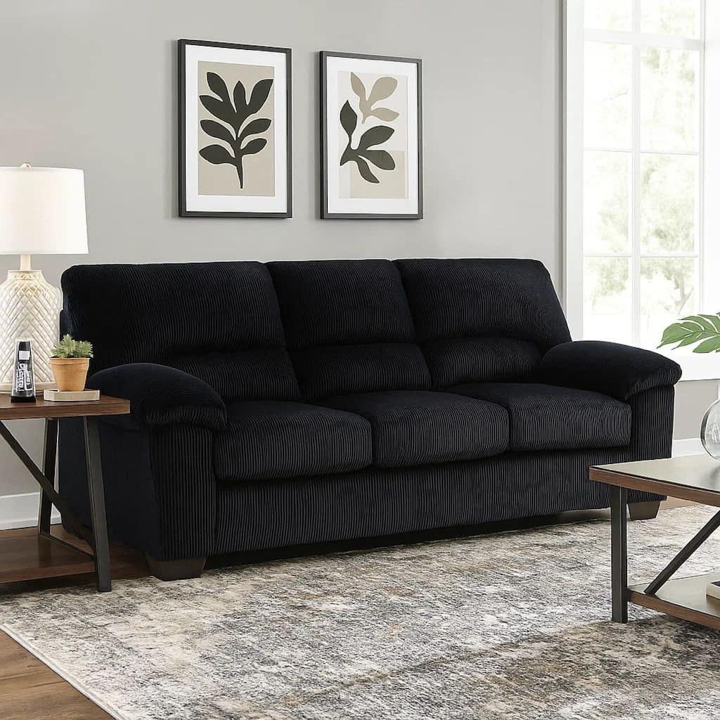 Simy Sofa, 83 Inch Black Polyester Corduroy, Modern Plush Pillow Arms