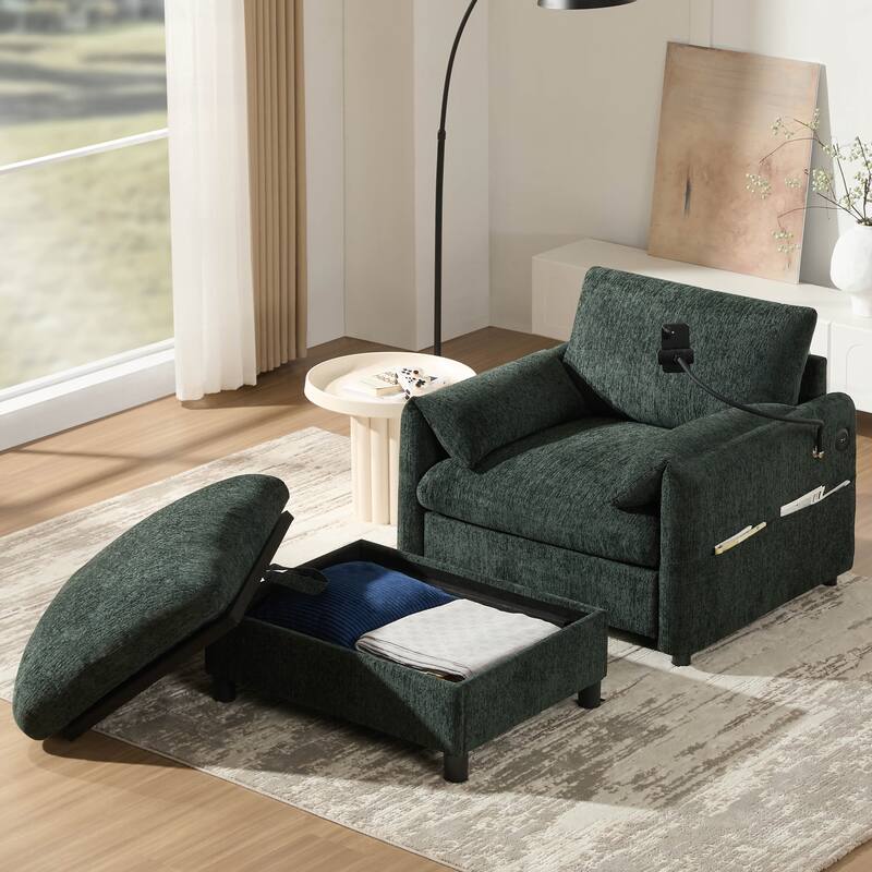 Single Sofa Chair and Storage Ottoman Sets, Chenille Accent Chair Wide Seat Chaise Lounge Couch with Phone Holder & USB Chargers - Green