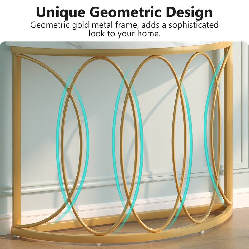 Half Moon Console Table for Entryway, 43 Inch Sofa Table with Faux Marble Top, White and Gold Accent Table