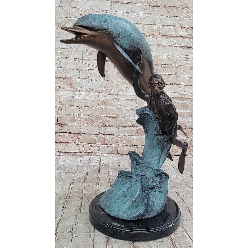 Scuba Diver Imitative Dolphin Real Bronze Sculpture Statue Original Numbered Art By Marius