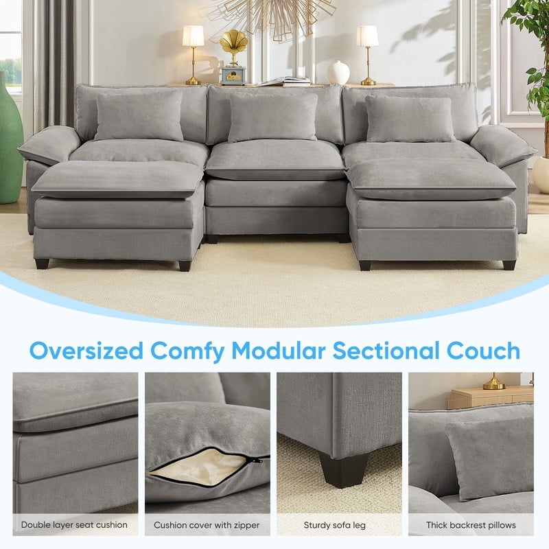 Modern 118'' U-Shaped Modular Sectional Sofa with 2 Ottomans, 5-Seat Cloud Couch, Modern Chenille Sofa Sleeper Deep Seat Couches